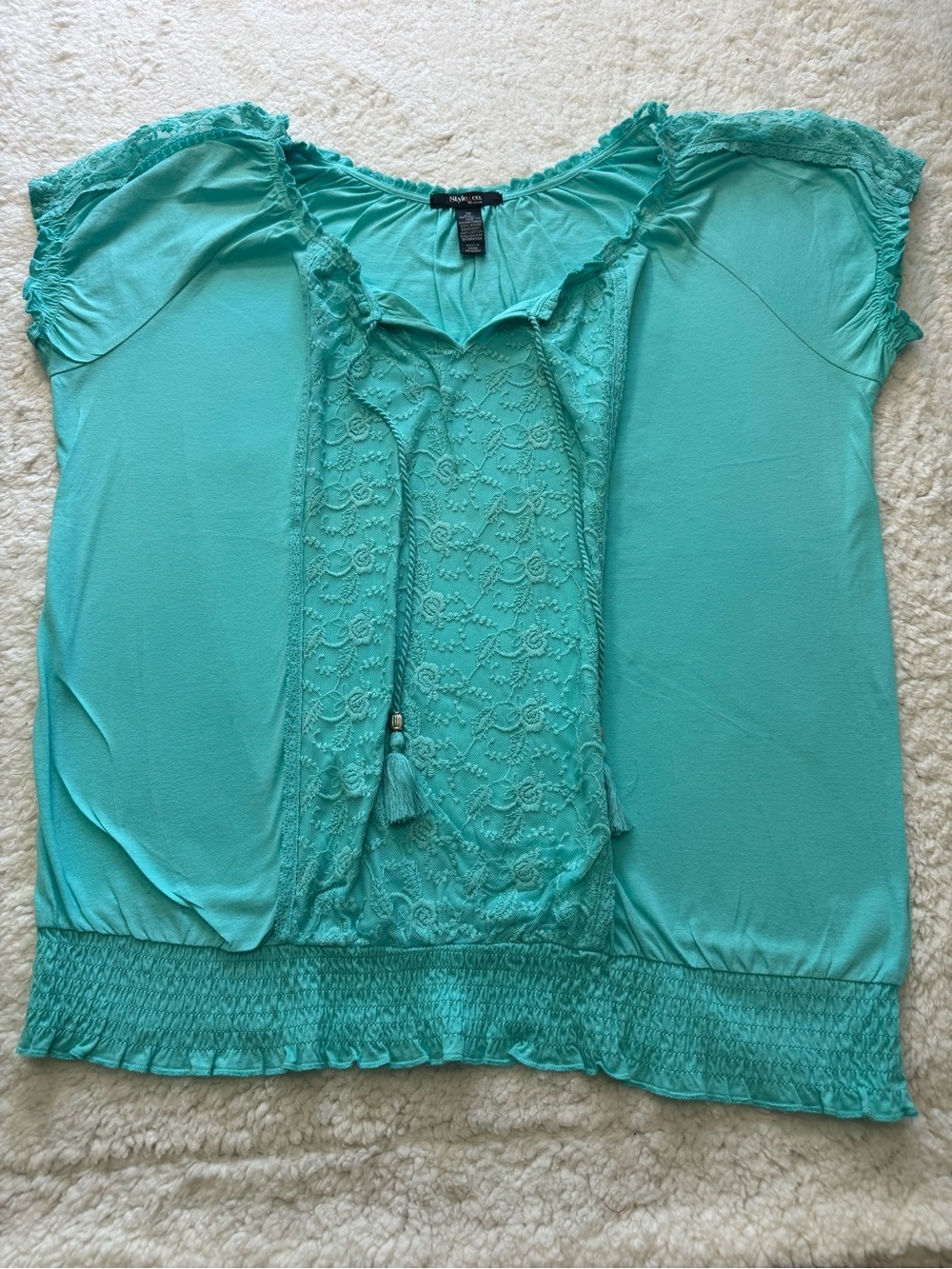 Apt. 9 Teal Lace-Front Short Sleeve Blouse with Tassel Tie